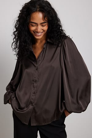 Brown Flowy Satin LS Shirt