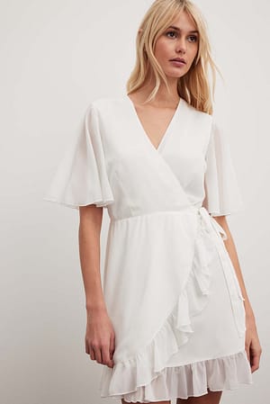 White Flowy Short Sleeve Overlap Mini Dress