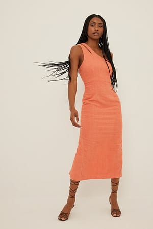 Peach Frotte Material Midi Dress