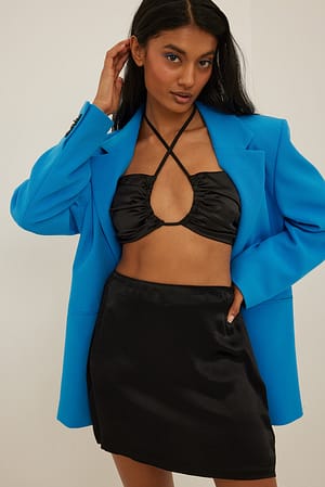 Black Halterneck Cropped Satin Top