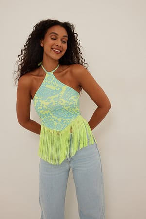 Blue Paisley Halterneck Fringe Detail Singlet