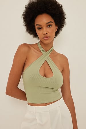 Light Khaki Halterneck Keyhole Rib Top