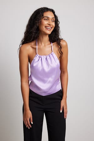 Dusty Lavender Halterneck Tie Back Satin Crop Top