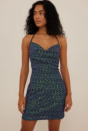 Black/Blue Halterneck Waterfall Front Sequin Dress