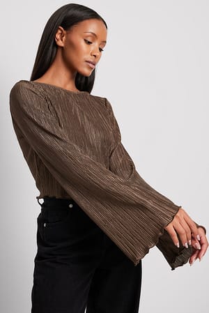 Brown High Neck Plissé Top