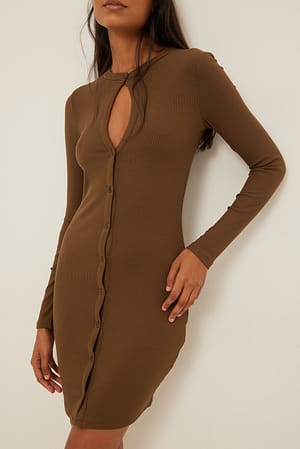 Brown Keyhole Button Detail Dress