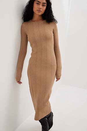 Beige Knitted Open Back Lurex Maxi Dress