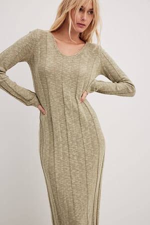 Light Khaki Knitted Wide Rib Midi Dress