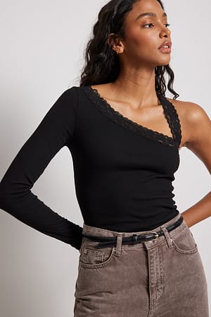 Black Lace Rib Asymmetric Top