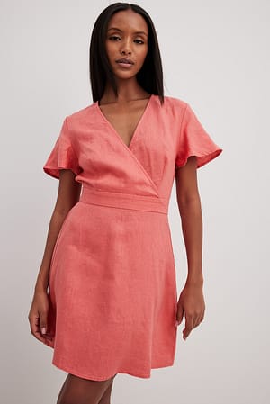 Coral Pink Linen Flowy Tie Back Mini Dress