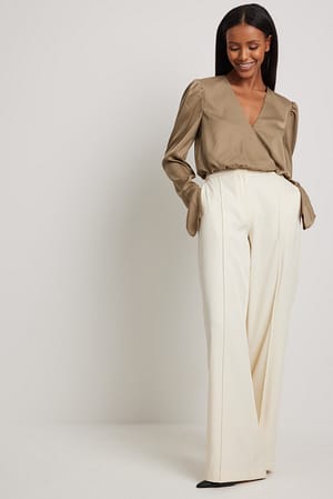 Taupe Long Sleeve Overlap Satin Blouse