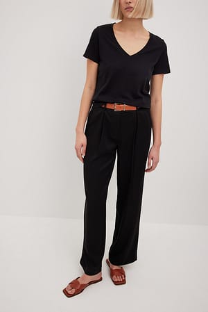 Black Mid Waist Straight Leg Suit Pants