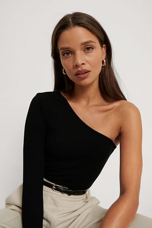 Black One Shoulder Rib Top