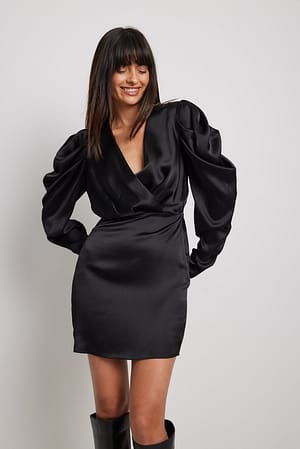 Black Puff Sleeve Satin Dress