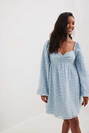 Dusty Blue Puffy Sleeve Gathered Mini Dress