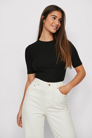 Black Round Neck Ribbed Top