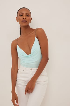 Light Blue Rhinestone Waterfall Neckline Top