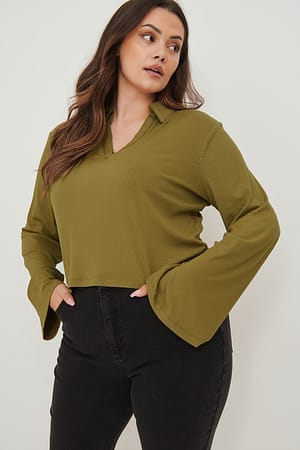 Khaki Rib Collar Detail Top