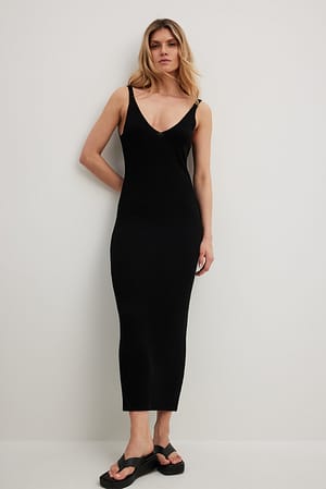 Black Ribbed Knitted Deep Back Dress