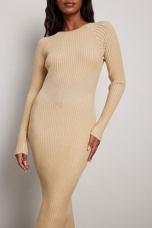 Pale Khaki Ribbed Knitted Detail Midi Dress