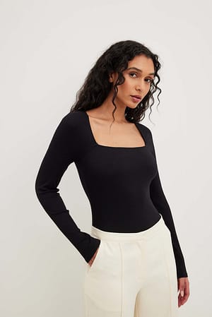 Black Ribbed Square Neck Detail Top