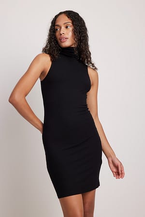 Black Ribbed Turtle Neck Mini Dress