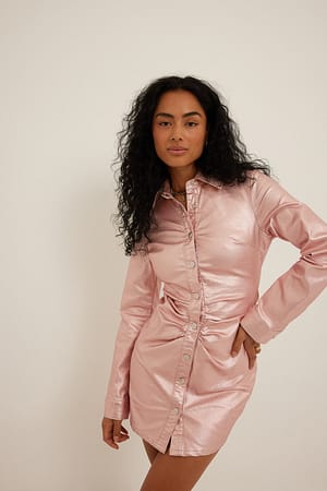 Pink Rouched Denim Metallic Mini Dress