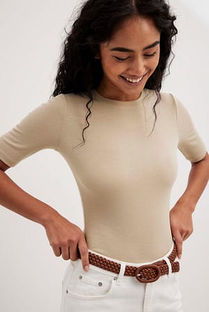 Beige Round Neck Ribbed Top