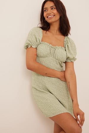 Green Flower Print Ruched Chest Mini Dress