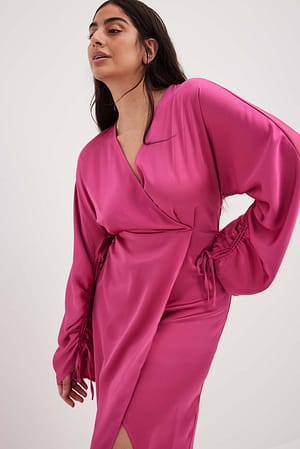 Fuchsia Satin Overlap Tie Sleeve Maxi Dress