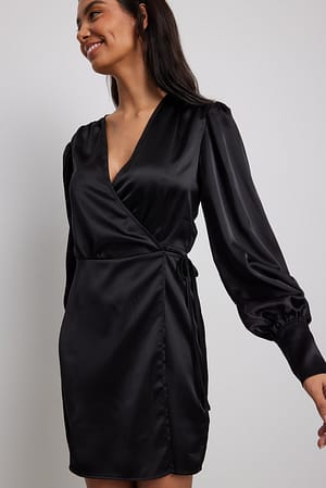 Black Satin Wrap Mini Dress