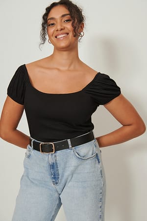 Black Short Sleeve Rib Top