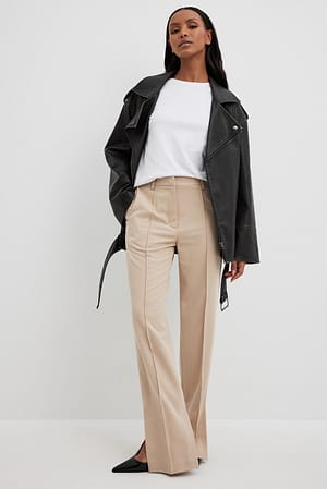 Beige Side Slit Tailored Pants