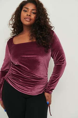 Mauve Square Neck Drawstring Velvet Top