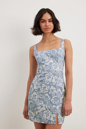 Ash Floral Square Neck Linen Mix Mini Dress