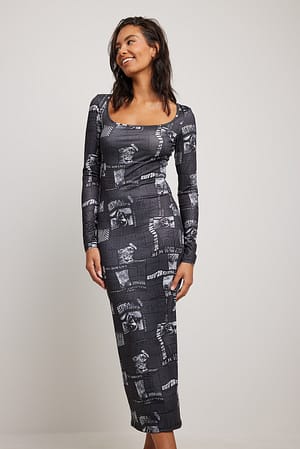 Black/White Print Square Neck Printed Maxi Dress