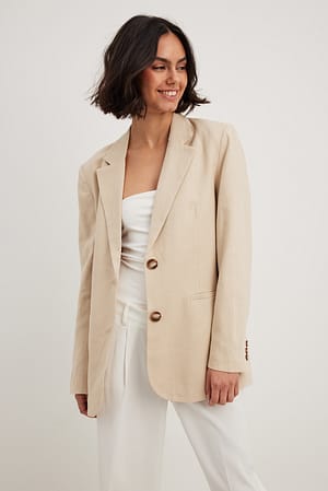 Beige Straight Fit Linen Blazer