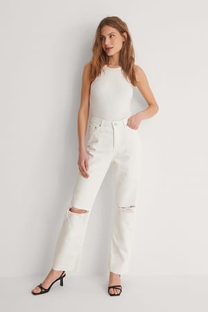 White Straight High Waist Raw Hem Destroyed Jeans