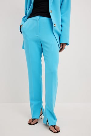 Blue Straight Side Slit Pants