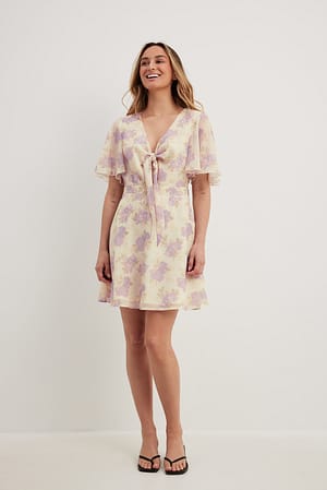 Flower Print Tie Front Chiffon Mini Dress