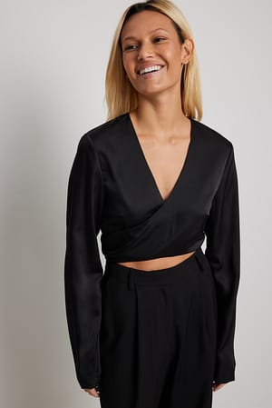 Black Tie Back V-neck Satin Blouse