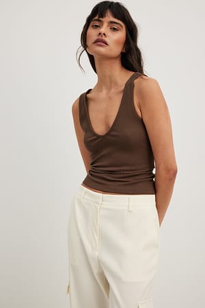 Brown V-Neck Rib Top