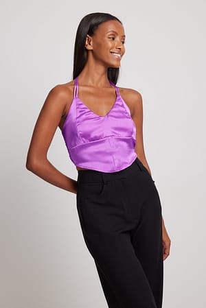 Purple V-Neck Strap Detail Satin Top