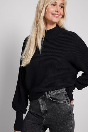 Black Volume Sleeve High Neck Knitted Sweater