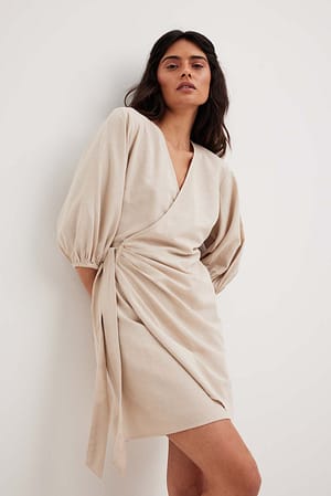 Beige Wrapped Linen Mix Mini Dress