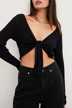 Black Long Sleeve Tie Detail Top