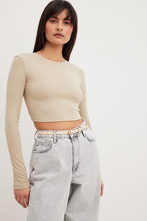 Light Beige Round Neck Ribbed Long Sleeve Crop Top