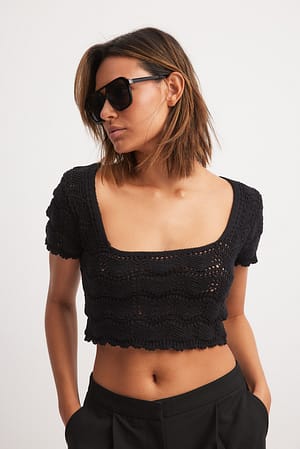 Black Offshoulder Crochet Knitted Top