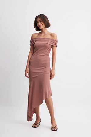 Brown Off Shoulder Flounce Midi Dress