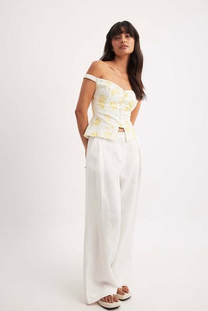 Yellow Flower Print Off Shoulder Linen Blend Corset Top